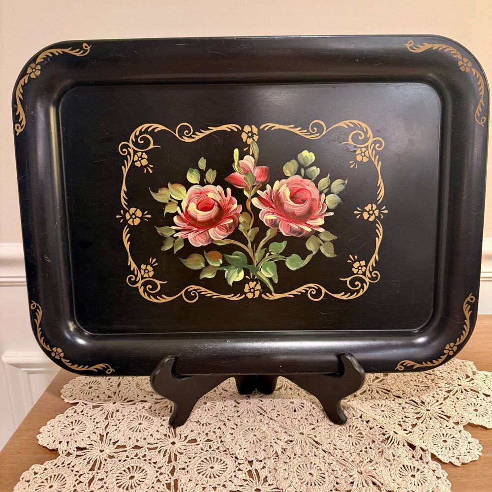 Vintage Hand Painted Metal Serving Tray - Nashco Black & Gold Floral
